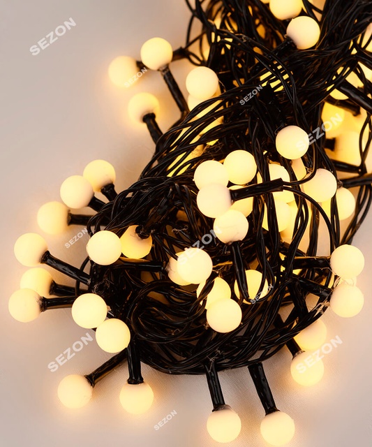 Гірлянда Кульки 10мм 100 LED 6м чорний провід, білий теплий