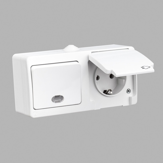 Блок вимикач одноклавішний з підсвічуванням + розетка із заземленням GUNSAN Nemliyer вологозахист Білий