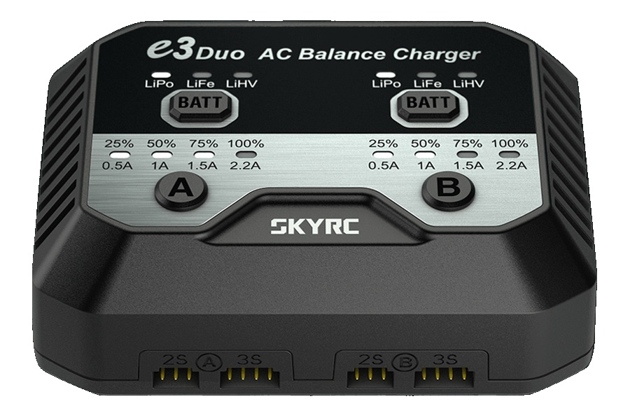Зарядний пристрій дуо SkyRC e3 duo 20Wx2 2.2A з/БП для Li-Pol/Li-Fe/Li-HV 2-3S акумуляторів (SK-100164)