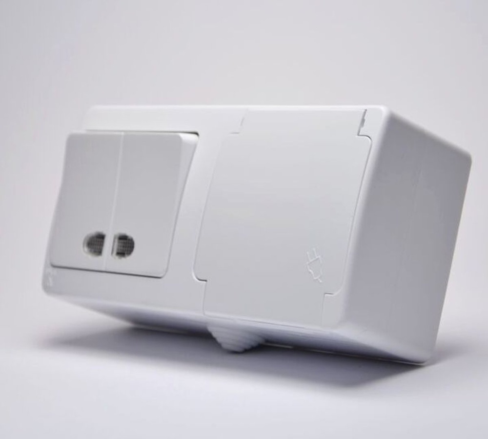 Блок вимикач двоклавішний з підсвічуванням + розетка із заземленням GUNSAN Nemliyer вологозахист Білий