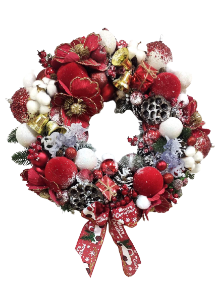 Вінок новорічний різдвяний зі штучної хвої з декором (червоні іграшки, Ø 40 см)
