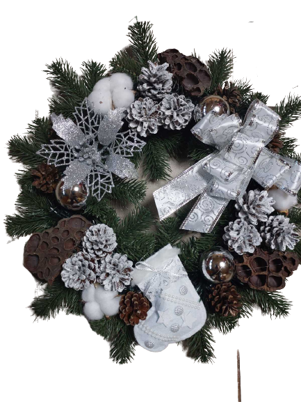 Рождественский венок из искусственной хвои с декором (белые и коричневые игрушки, Ø 40 см)