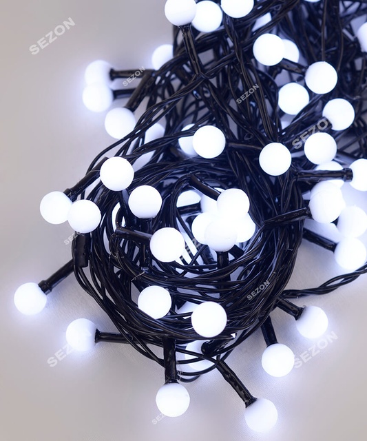 Гірлянда Кульки 10мм 100 LED 6м чорний провід, білий