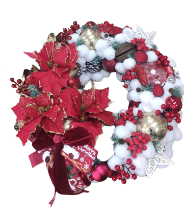 Вінок новорічний різдвяний зі штучної хвої з декором (червоні та біл іграшки, Ø 40 см)