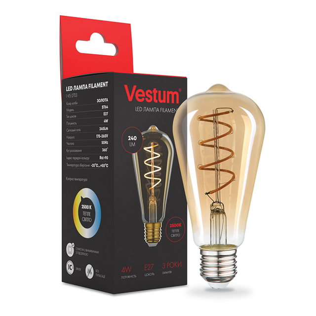 Лампа LED Vestum филамент "винтаж" golden twist ST64 Е27 4Вт 220V 2500К