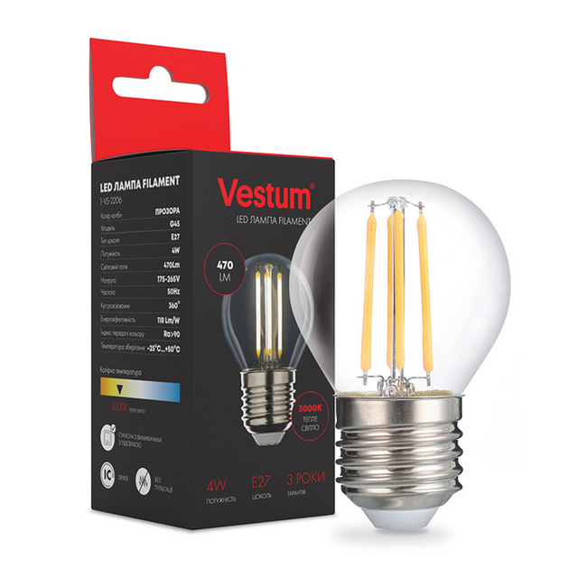 Лампа LED Vestum филамент G45 Е27 4Вт 220V 3000К