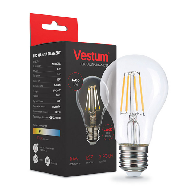 Лампа LED Vestum філамент А60 Е27 10Вт 220V 3000К