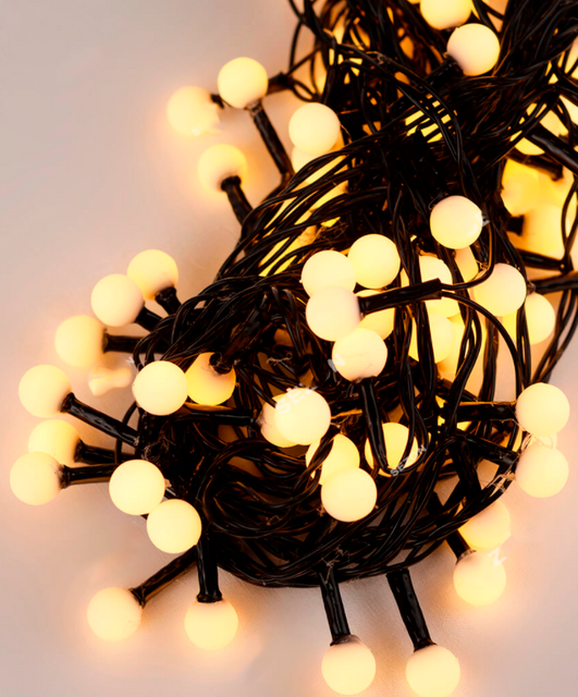 Гирлянда Шарики 10мм 100 LED черный провод 6м с теплым белым цветом ламп